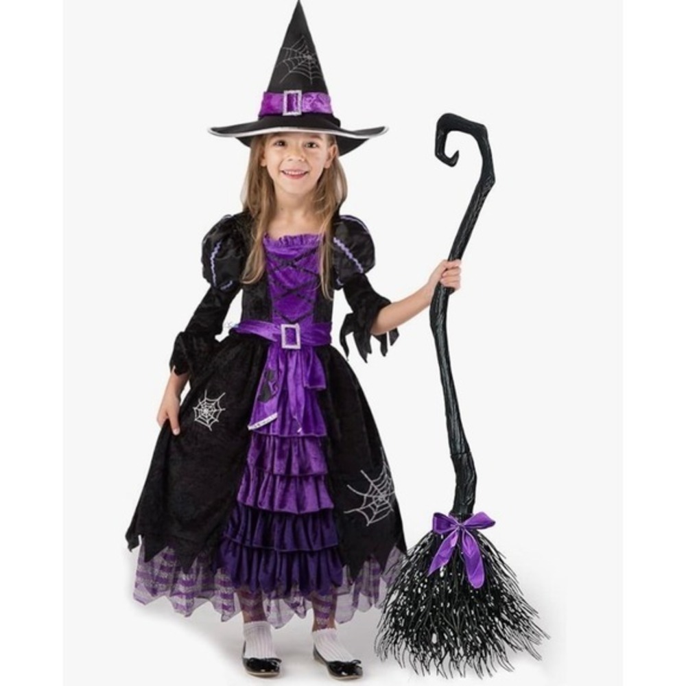 NEW‎ Girls 8-10 Yrs Witch Costume Dress Hat Belt Broom Halloween Spooky